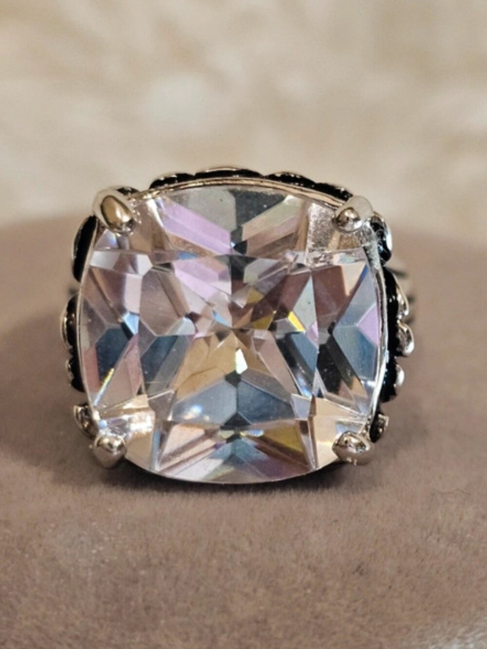 Silver Tone Clear Cushion Cut Rhinestone Statement Ring Size 9